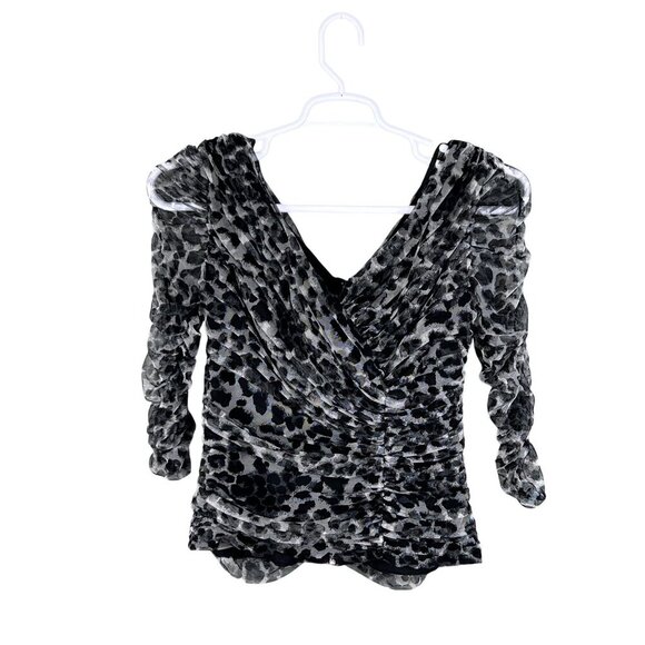 Tadashi Shoji Womens M Leopard Print Ruched Mesh Top V Neck 3/4 Sleeves Blouse - Picture 8 of 15